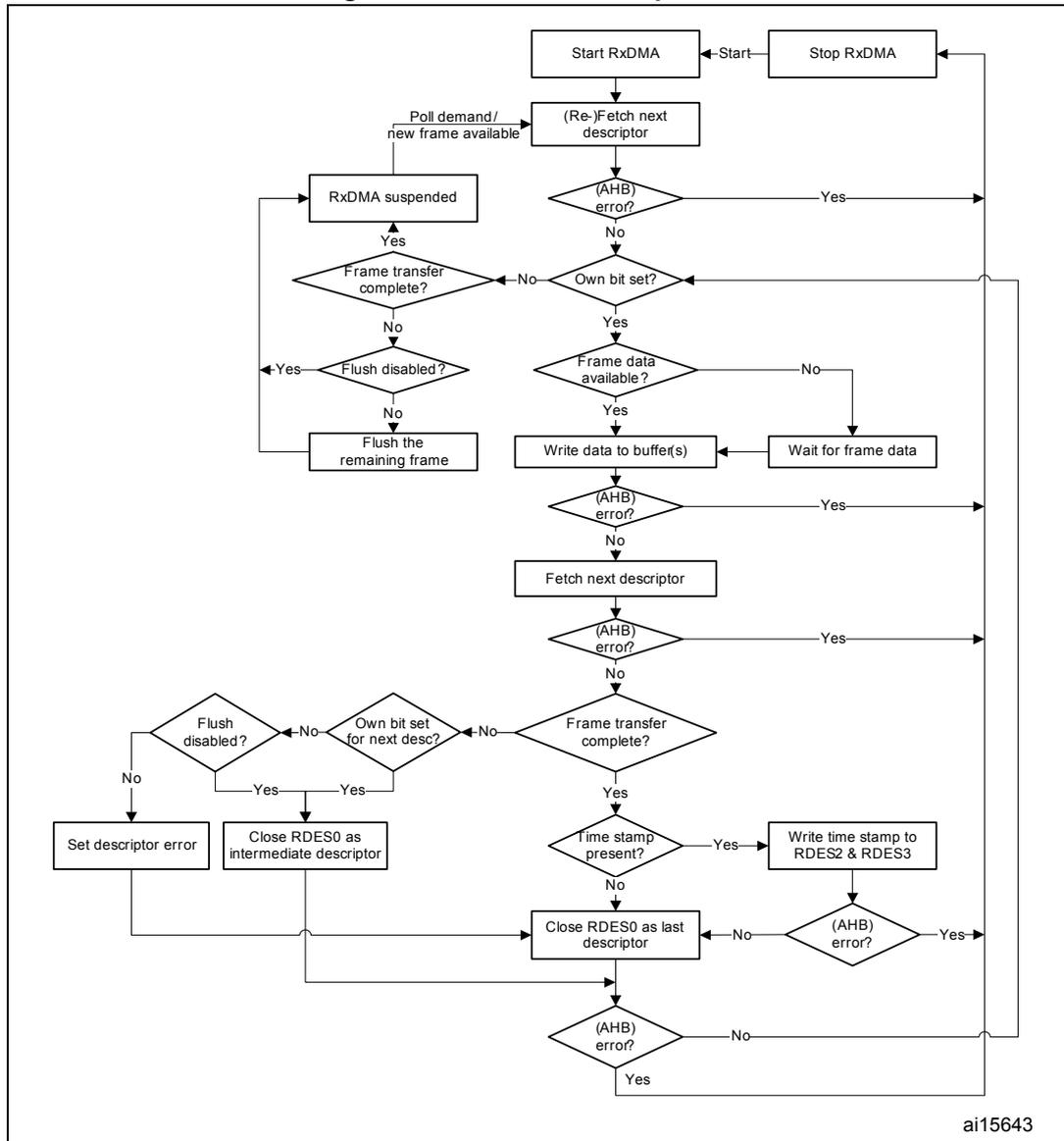Flowchart of Receive DMA operation. The process starts with 'Start RxDMA' and 'Stop RxDMA' inputs. It enters a loop: '(Re-)Fetch next descriptor' -> '(AHB) error?' (Yes leads to Stop RxDMA, No leads to 'Own bit set?'). 'Own bit set?' (Yes leads to 'Frame data available?', No leads to 'Frame transfer complete?'). 'Frame data available?' (Yes leads to 'Write data to buffer(s)', No leads to 'Wait for frame data'). 'Write data to buffer(s)' -> '(AHB) error?' (Yes leads to Stop RxDMA, No leads to 'Fetch next descriptor'). 'Fetch next descriptor' -> '(AHB) error?' (Yes leads to Stop RxDMA, No leads to 'Frame transfer complete?'). 'Frame transfer complete?' (Yes leads to 'Time stamp present?', No leads to 'Own bit set for next desc?'). 'Time stamp present?' (Yes leads to 'Write time stamp to RDES2 & RDES3', No leads to 'Close RDES0 as last descriptor'). 'Close RDES0 as last descriptor' -> '(AHB) error?' (Yes leads to Stop RxDMA, No leads to 'Own bit set for next desc?'). 'Own bit set for next desc?' (Yes leads to 'Close RDES0 as intermediate descriptor', No leads to 'Flush disabled?'). 'Flush disabled?' (Yes leads to 'RxDMA suspended', No leads to 'Flush the remaining frame'). 'Flush the remaining frame' -> '(Re-)Fetch next descriptor'. 'RxDMA suspended' -> '(Re-)Fetch next descriptor'. 'Poll demand/new frame available' -> '(Re-)Fetch next descriptor'.