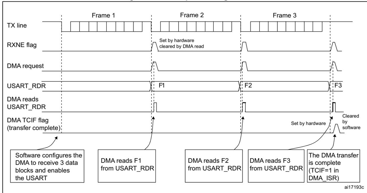 Timing diagram for Figure 262: Reception using DMA. The diagram shows the sequence of events for receiving three frames (Frame 1, Frame 2, Frame 3) via DMA. The TX line is shown as a series of bytes. The RXNE flag is set by hardware when a byte is received and cleared by a DMA read. The DMA request is generated when the RXNE flag is set. The USART_RDR register is updated with the received byte. The DMA reads the USART_RDR register. The DMA TCIF flag (transfer complete) is set by hardware when the last byte of a frame is received and cleared by software. The diagram includes callouts: 'Software configures the DMA to receive 3 data blocks and enables the USART', 'DMA reads F1 from USART_RDR', 'DMA reads F2 from USART_RDR', 'DMA reads F3 from USART_RDR', and 'The DMA transfer is complete (TCIF=1 in DMA_ISR)'. The diagram is labeled ai17193c.
