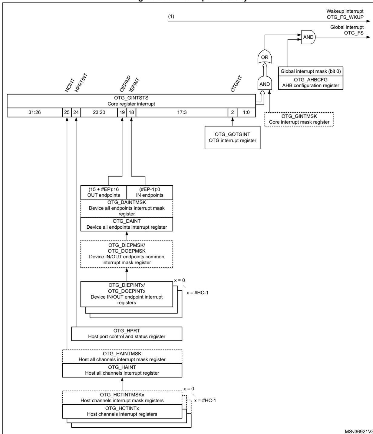 Diagram of OTG interrupt system architecture showing the hierarchy from individual endpoint and channel registers up to the global interrupt logic.