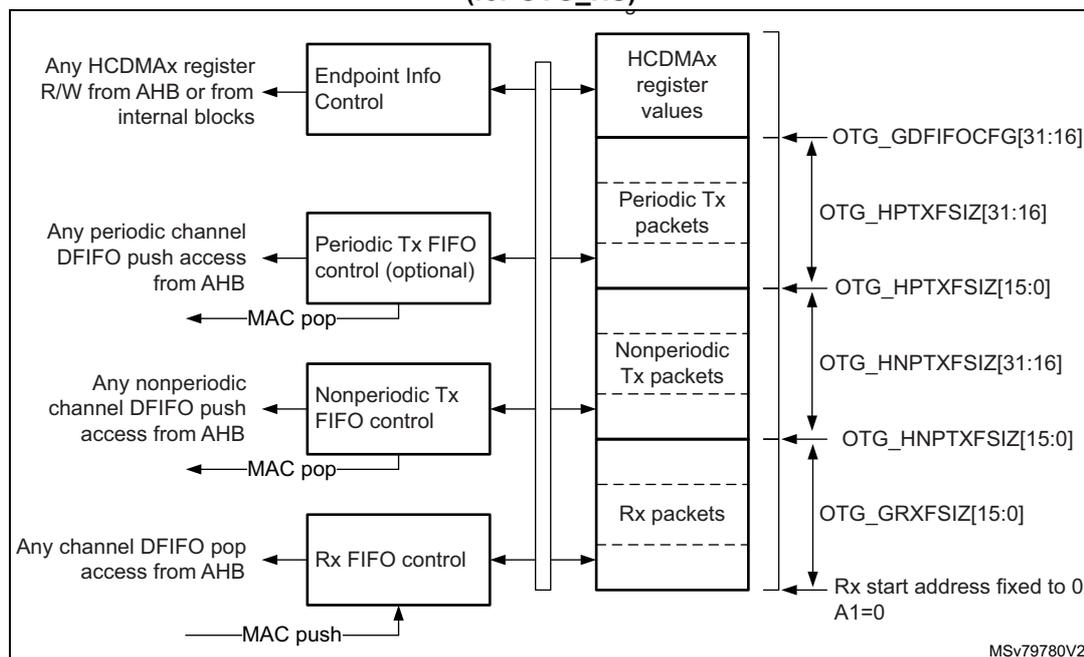 Diagram illustrating Host-mode FIFO address mapping and AHB FIFO access mapping for OTG_HS. The diagram shows the relationship between AHB access, FIFO control blocks, and the physical FIFO memory structure. On the left, AHB access points are listed: 'Any HCDMAx register R/W from AHB or from internal blocks' for Endpoint Info Control; 'Any periodic channel DFIFO push access from AHB' for Periodic Tx FIFO control (optional); 'Any nonperiodic channel DFIFO push access from AHB' for Nonperiodic Tx FIFO control; and 'Any channel DFIFO pop access from AHB' for Rx FIFO control. MAC pop and MAC push operations are also shown. The central part shows the FIFO memory structure: HCDMAx register values, Periodic Tx packets, Nonperiodic Tx packets, and Rx packets. On the right, configuration registers are mapped to these FIFOs: OTG_GDFIFO CFG[31:16] for Endpoint Info Control; OTG_HPTXFSIZ[31:16] and OTG_HPTXFSIZ[15:0] for Periodic Tx packets; OTG_HNPTXFSIZ[31:16] and OTG_HNPTXFSIZ[15:0] for Nonperiodic Tx packets; and OTG_GRXFSIZ[15:0] for Rx packets. The Rx start address is fixed to 0 A1=0. The diagram is labeled MSv79780V2.