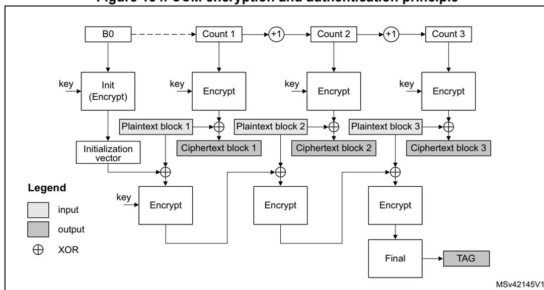 Diagram illustrating the CCM encryption and authentication principle. The process starts with B0, which is input to an 'Init (Encrypt)' block along with a 'key'. This produces an 'Initialization vector'. B0 also feeds into 'Count 1', which is incremented by +1 to produce 'Count 2', which is incremented by +1 to produce 'Count 3'. 'Count 1', 'Count 2', and 'Count 3' are input to 'Encrypt' blocks along with the 'key'. These 'Encrypt' blocks produce 'Ciphertext block 1', 'Ciphertext block 2', and 'Ciphertext block 3' respectively. 'Plaintext block 1', 'Plaintext block 2', and 'Plaintext block 3' are XORed with the ciphertext blocks to produce the final ciphertext. The 'Initialization vector' is XORed with 'Plaintext block 1' and input to an 'Encrypt' block along with the 'key'. The output of this 'Encrypt' block is XORed with 'Plaintext block 2' and input to another 'Encrypt' block along with the 'key'. The output of this 'Encrypt' block is XORed with 'Plaintext block 3' and input to a third 'Encrypt' block along with the 'key'. The output of this 'Encrypt' block is input to a 'Final' block, which produces the 'TAG'.