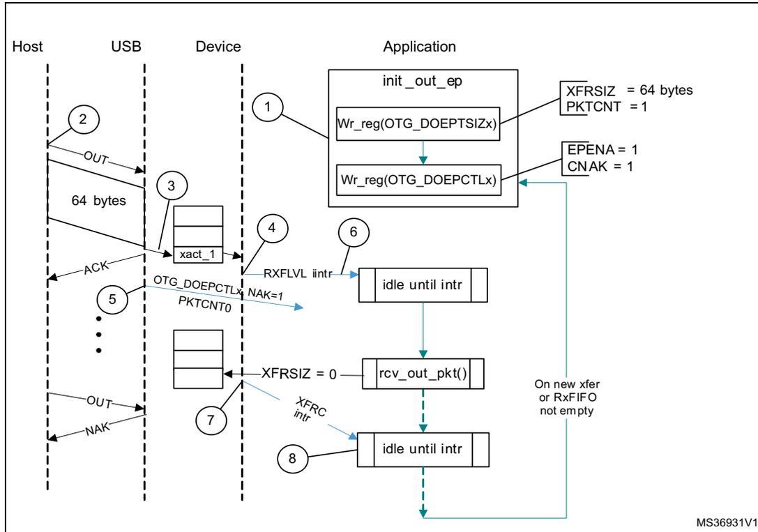 Sequence diagram of a Bulk OUT transaction showing Host, USB, Device, and Application interactions. The diagram illustrates the flow of data from the Host to the Device's Rx FIFO, the generation of RXFLVL and XFRC interrupts, and the application's processing of the data. Key registers like OTG_DOEPTSIZx and OTG_DOEPCTLx are shown being initialized with XFRSIZ=64, PKTCNT=1, EPENA=1, and CNAK=1.