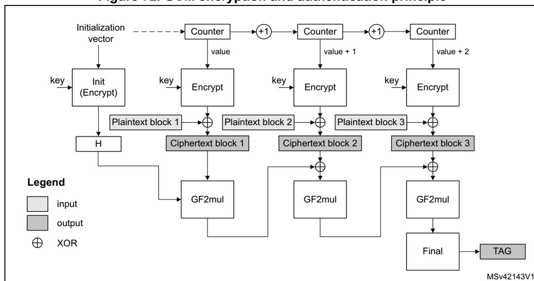 Diagram of GCM encryption and authentication principle showing the flow from Initialization vector and key through Counter and Encrypt blocks to produce ciphertext and a TAG.