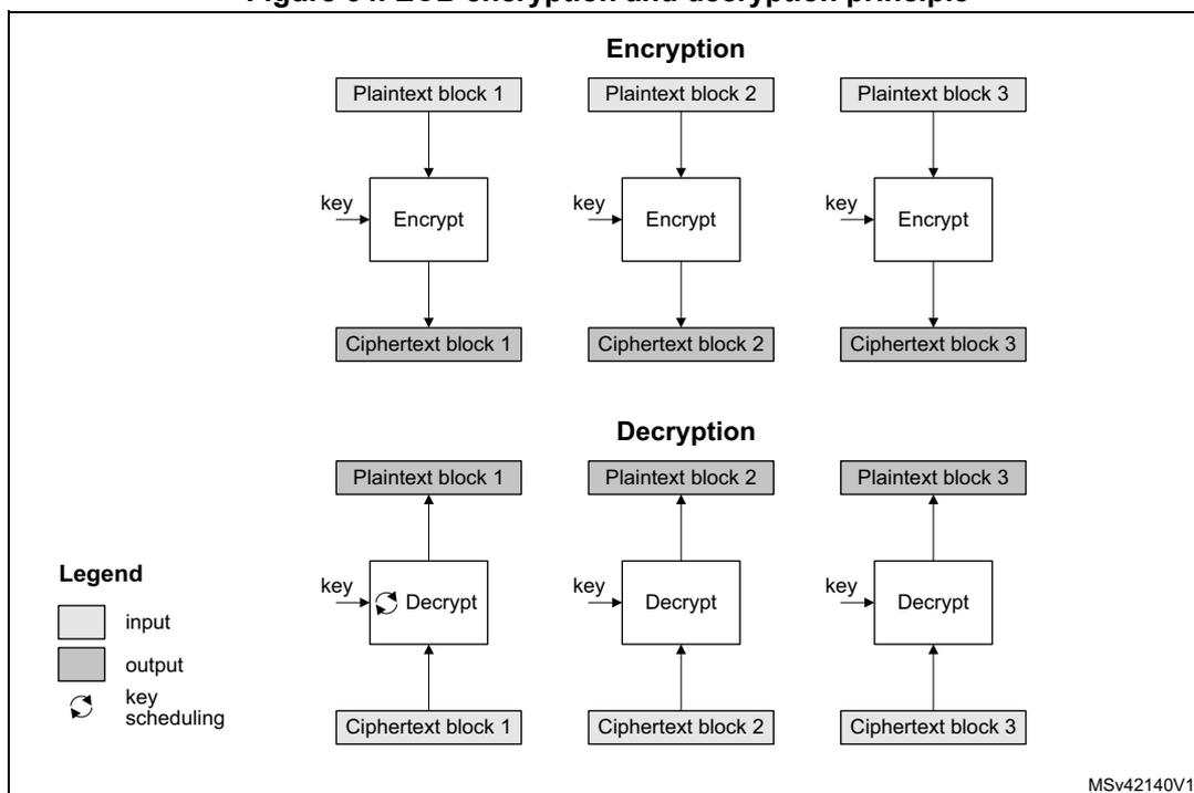 Diagram illustrating the ECB encryption and decryption principle. The diagram is divided into two sections: Encryption and Decryption. In the Encryption section, three plaintext blocks (Plaintext block 1, 2, and 3) are shown as input (white boxes) entering 'Encrypt' blocks. Each 'Encrypt' block also receives a 'key' (indicated by an arrow) and produces a ciphertext block (Ciphertext block 1, 2, and 3) as output (grey boxes). In the Decryption section, the process is reversed: three ciphertext blocks (Ciphertext block 1, 2, and 3) are shown as input (grey boxes) entering 'Decrypt' blocks. Each 'Decrypt' block also receives a 'key' and produces a plaintext block (Plaintext block 1, 2, and 3) as output (white boxes). A legend indicates that white boxes represent 'input', grey boxes represent 'output', and a circular arrow icon represents 'key scheduling'. The diagram is labeled MSv42140V1.