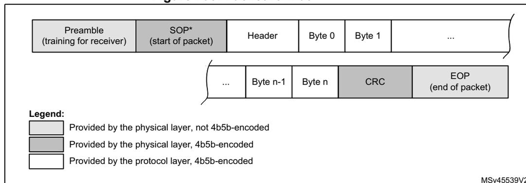 Figure 795. Packet format diagram showing the structure of a packet with fields: Preamble (training for receiver), SOP* (start of packet), Header, Byte 0, Byte 1, ..., Byte n-1, Byte n, CRC, and EOP (end of packet). A legend indicates that Preamble and SOP* are provided by the physical layer (not 4b5b-encoded), while Header, Bytes 0 to n, CRC, and EOP are provided by the protocol layer (4b5b-encoded).