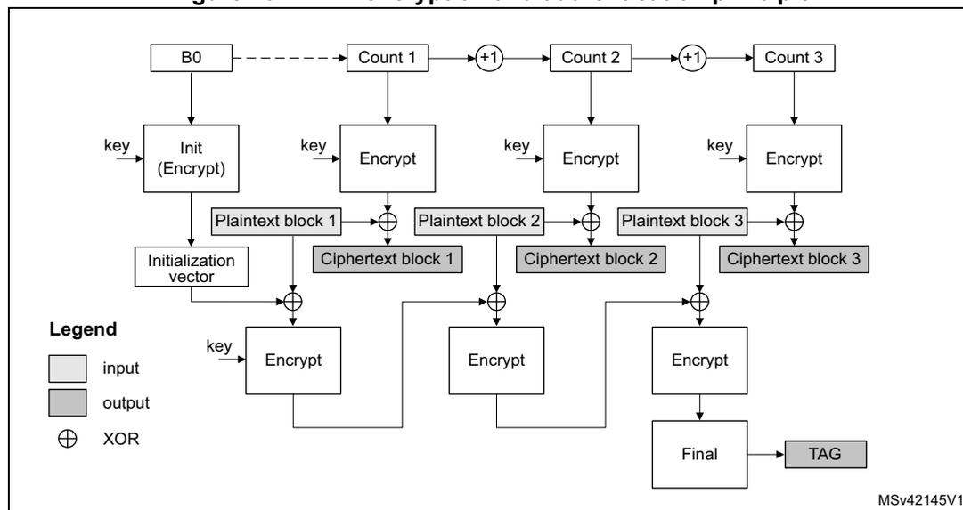 Diagram illustrating the CCM encryption and authentication principle. The process starts with B0, which is input to an 'Init (Encrypt)' block along with a 'key'. This produces an 'Initialization vector'. Simultaneously, B0 is used to generate 'Count 1', which is incremented by 1 to produce 'Count 2', which is incremented by 1 to produce 'Count 3'. Each count is input to an 'Encrypt' block along with a 'key'. The output of the 'Init (Encrypt)' block is XORed with 'Plaintext block 1' to produce 'Ciphertext block 1'. The output of the first 'Encrypt' block (using Count 1) is XORed with 'Plaintext block 2' to produce 'Ciphertext block 2'. The output of the second 'Encrypt' block (using Count 2) is XORed with 'Plaintext block 3' to produce 'Ciphertext block 3'. The 'Initialization vector', 'Ciphertext block 1', 'Ciphertext block 2', and 'Ciphertext block 3' are all input to a final 'Encrypt' block along with a 'key'. The output of this final block is the 'TAG'. A legend indicates that white boxes are 'input', grey boxes are 'output', and a circle with a cross is 'XOR'. The diagram is labeled MSv42145V1.