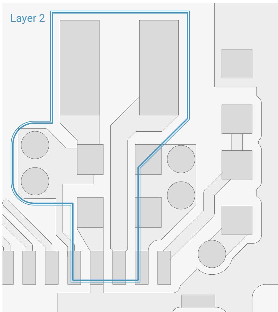 Figure 24: A PCB layout diagram for Layer 2 showing a cut-out in the copper beneath the LX/VREG_LX net. The diagram includes various components like capacitors, inductors, and resistors, with a blue outline indicating the required cut-out area.