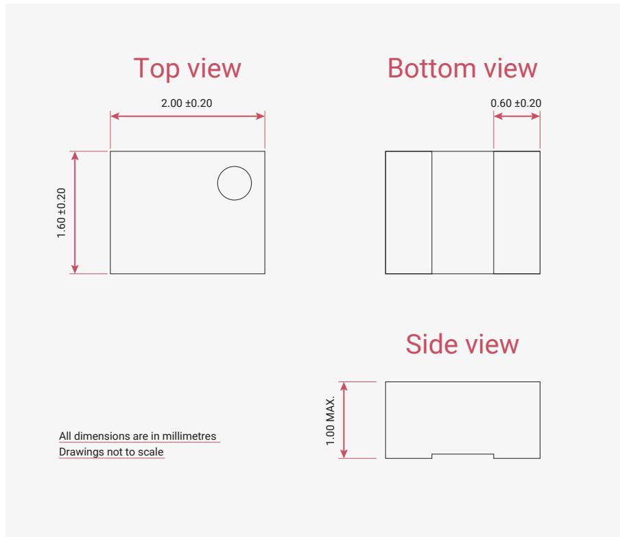 Figure 26: Dimensions of the AOTA-B201610S3R3-101-T inductor. The figure shows three views: Top view, Bottom view, and Side view. The Top view is a rectangle with dimensions 2.00 ±0.20 mm (width) and 1.60 ±0.20 mm (height). A small circle is located in the bottom right corner. The Bottom view is a rectangle with a width of 0.60 ±0.20 mm. The Side view is a rectangle with a height of 1.00 MAX. All dimensions are in millimetres. Drawings not to scale.